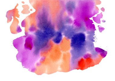 Soyut çok renkli suluboya gökkuşağı dairesi lekeleri beyaz arkaplanda. El çizimi kırmızı ve turuncu, menekşe ve mor damlalar. Gazeteye su sıçrat.