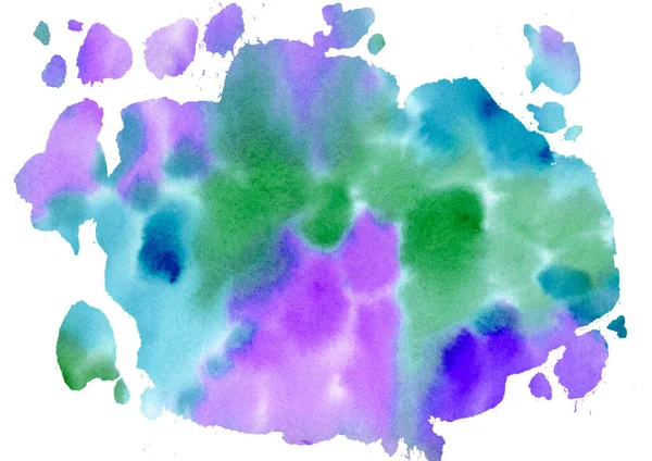 Abstraktes Aquarell mehrfarbiger Kreis Blots auf weißem Hintergrund. Frühlings- und Sommerfarben. Handgezeichnete blaue, grüne und türkisfarbene, violette und violette Blobs. Spritzer Spritzer in der Zeitung — Stockfoto