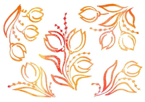 Acuarela Conjunto de elementos florales en el estilo de arte de línea sobre un fondo blanco. Acuarela rojo y naranja tulipán y hoja —  Fotos de Stock