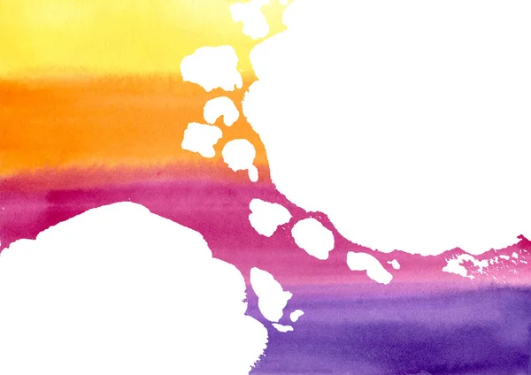 在水彩斑斓的彩色水彩画水彩画上的两个大白块，彩虹纹理背景。春天和夏天的颜色。手绘黄色、红色、橙色、紫色和紫色背景。湿透了 — 图库照片