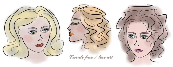 Set beautiful womans face. Line art multicolor fashion illustration on white background. Yellow, orange and brown hair and blue and green eyes colors — Stock Photo, Image