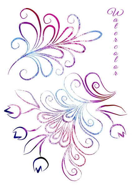 Artístico feito à mão Watercolor elementos florais multicoloridos no estilo de arte de linha. Cores roxas, azuis, vermelhas e violetas. Aquarela elemento colorido no fundo branco — Fotografia de Stock