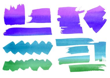 Suluboya sanatsal el yazması çizim seti kırmızı, turuncu, mor ve mor lekeler ve sıçrama. Beyaz arkaplandaki suluboya çerçeve soyut elementler. Bilgi, manga ve katalog