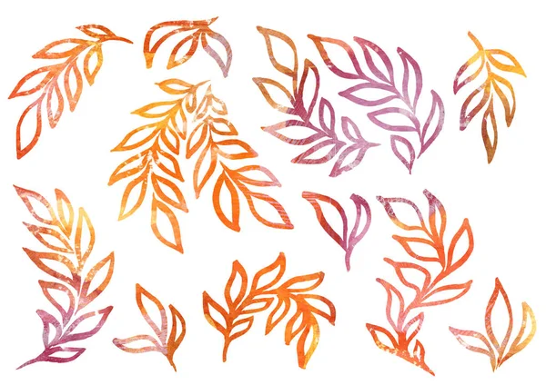 Aquarell Set aus floralen Elementen im Stil der Linienkunst auf weißem Hintergrund. Aquarell orange und braunes Gradientenblatt — Stockfoto