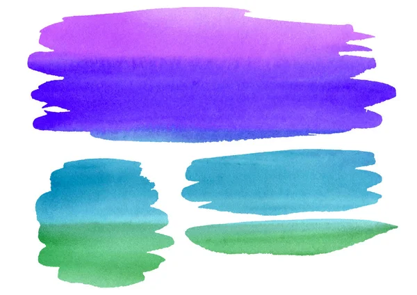 水彩画手绘污迹和溅在白色上。大集合绿色，蓝绿色，紫色和紫色滴，圆形斑点，框架，元素。Infographic, Catalog, background. — 图库照片