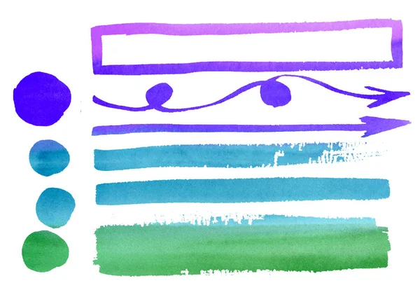 水彩箭自由手绘画线纹理.大集合绿色，蓝色，浑浊，紫色箭头，斑纹，框架，白色元素。Infographic, Catalog, background. — 图库照片