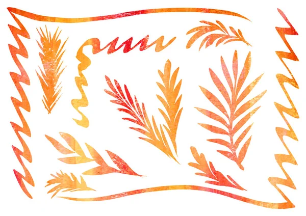 Akwarela Zestaw elementów kwiatowych do ram w stylu sztuki liniowej na białym tle. Pomarańczowe i czerwone kolory liści — Zdjęcie stockowe