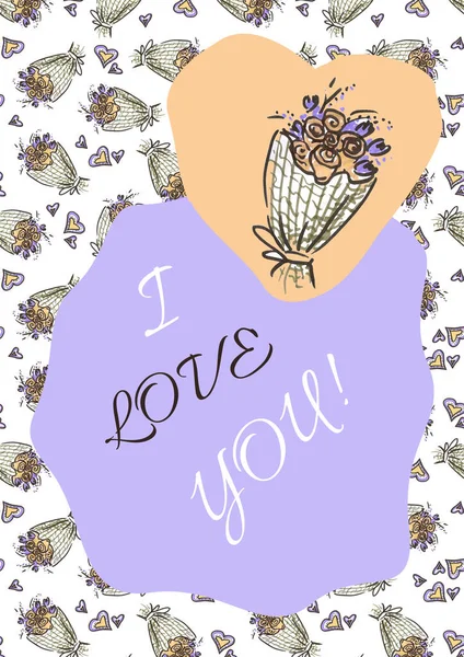 Template Postcard Backgrounds for Wedding celebration.Text Ilove you on purple Background. Buquê de rosa colorido de ilustrações de marcador de parabéns no dia do casamento. — Fotografia de Stock