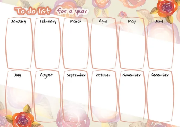 Watercolor color cute rose flower and leaf year planner or to do list. Watercolour red, orange, purple and yellow floral elements on white Background — Stock Photo, Image