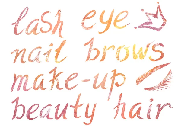 白色背景上的一组水彩画元素。水彩画、橙色和褐色渐变书法草书.睫毛、眼睛、指甲、眉毛、妆容、美丽、头发、皇冠符号、睫毛和 — 图库照片