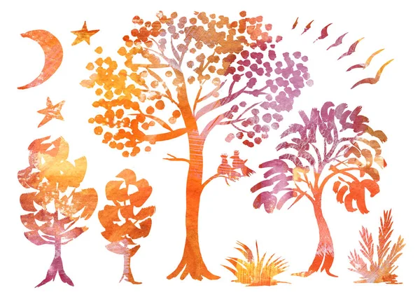 Akvarell Ange natt skog landskap på vit bakgrund. Apelsin, violett, lila och lila lutning träd, måne, fåglar, stjärna, gräs och buske silhuete — Stockfoto