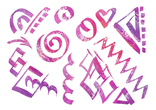 Aquarell Set geometrischer Gestaltungselemente für Rahmen im Stil der Linienkunst auf weißem Hintergrund. Rot, rosa, violett, lila und lila Farben — Stockfoto
