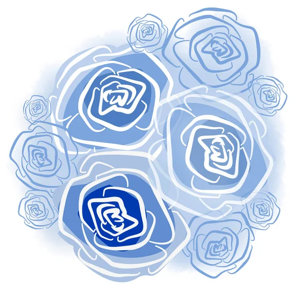 白色背景的线条艺术风格中的花卉元素。花束中的蓝色玫瑰花蕾 — 图库照片