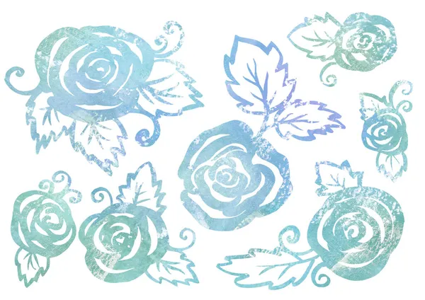 Акварель Набір квіткових елементів у стилі лінійного мистецтва на білому тлі. зелена і бірюзова троянда і лист — стокове фото