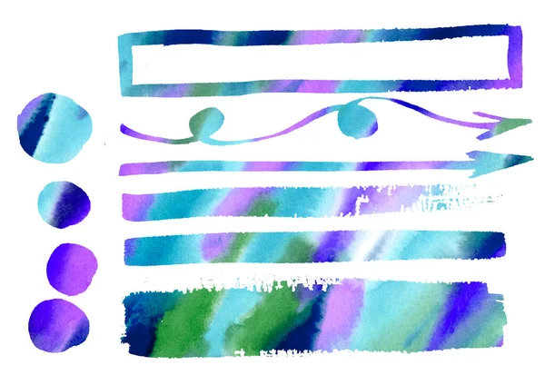 Aquarell Pfeil freihändig drawinghorisontale Linien Textur. Großes Set grün, blau, türkis, violette Pfeile, Klecks, Rahmen, Element auf weiß. Infografik, Katalog, Hintergrund. — Stockfoto