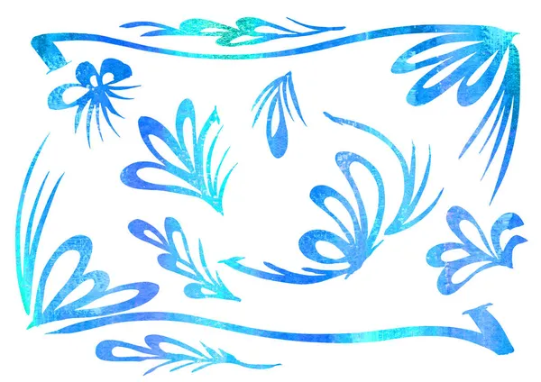 Acuarela Conjunto de elementos de diseño para marcos en el estilo de arte de línea sobre un fondo blanco. Turquesa y colores azules —  Fotos de Stock