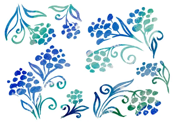수채 색 플 로럴 플라워 요소들은 흰색 배경에 선 아트 스타일로 배치되어 있다. 가을 녹색, 청록색 및 푸른색 꽃들 — 스톡 사진