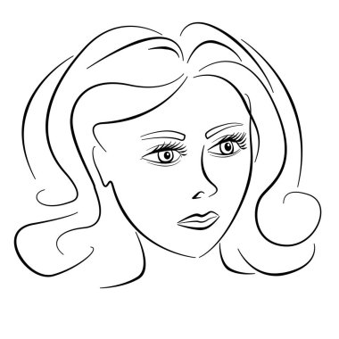 Güzel kadın yüzü ve açık gözler. Beyaz arkaplanda çizgi sanatı monokrom moda illüstrasyonu