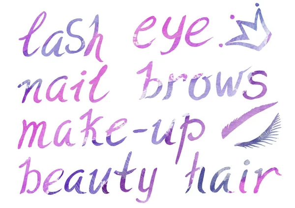 白色背景上的一组水彩画元素。水彩画粉、灰紫、紫渐变书法草书字.睫毛，眼睛，指甲，眉毛，化妆品，漂亮，头发，皇冠符号 — 图库照片