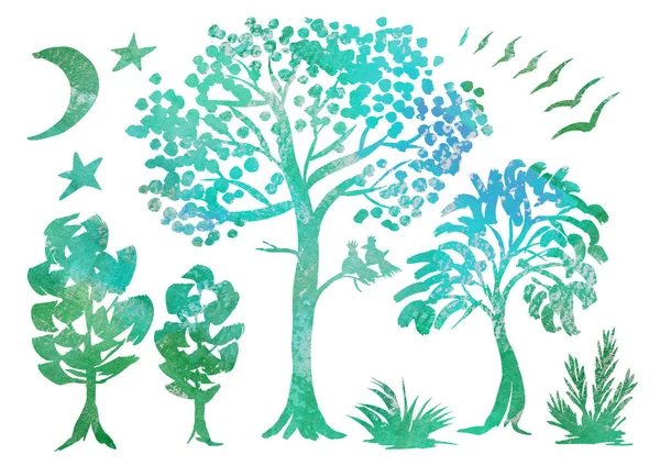 Akvarell Ange natt skog landskap på vit bakgrund. Grön, blå och turkos lutning träd, måne, fåglar, stjärna, gräs och buske silhuete — Stockfoto