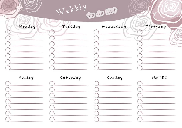 Çizgi sanatı rengi tatil için sevimli gül çiçek haftası planlama listesi. Beyaz arkaplanda kahverengi ve gri çiçek elementleri — Stok fotoğraf