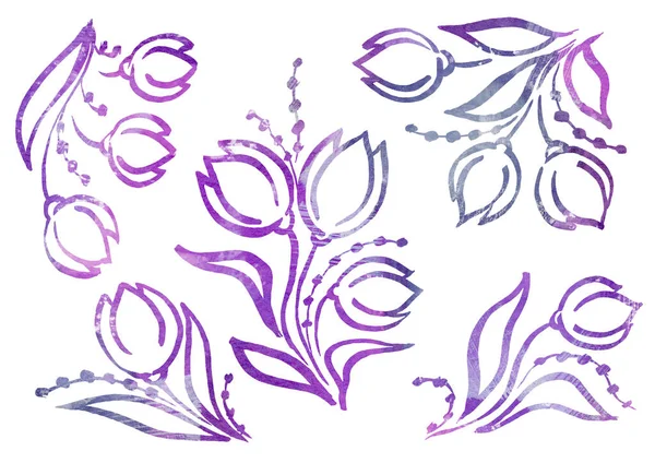 Акварель Набір квіткових елементів у стилі лінійного мистецтва на білому тлі. Акварель фіолетовий, сірий, фіолетовий і бузковий тюльпан і лист — стокове фото