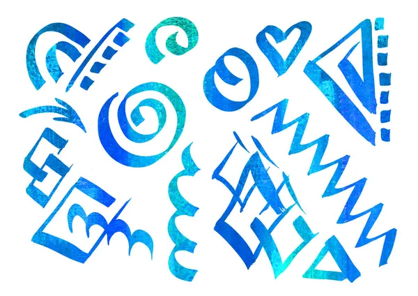 Akwarela Zestaw elementów geometrycznych do ram w stylu sztuki liniowej na białym tle. Turkusowe i niebieskie kolory — Zdjęcie stockowe