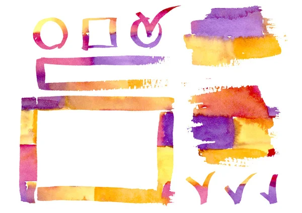 Acquerello Cornici disegno a mano libera muro di mattoni strutturato. Imposta elementi Frame arancioni, gialli, rossi e viola su bianco. Infografica, Catalogo, sfondo. — Foto Stock
