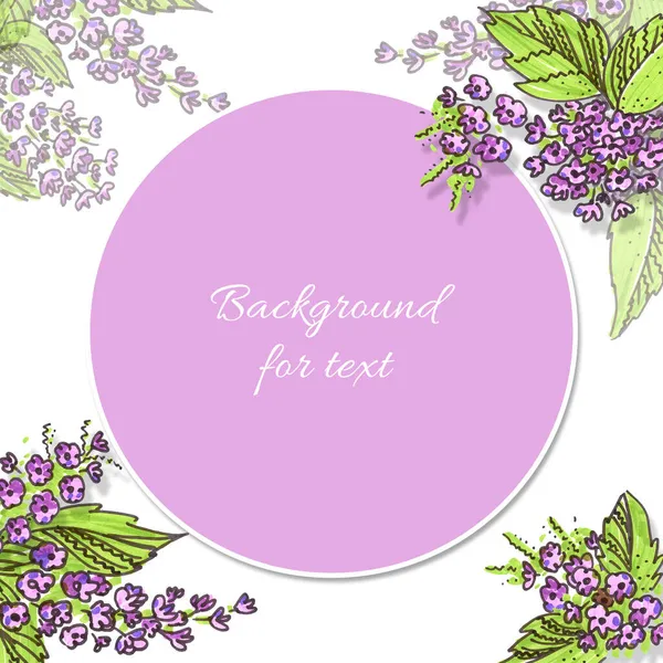 Mall bakgrund för semester med rund rosa textram i centrum. Filt penna violett blomma med gröna blad element i stil med linje konst för web banners. — Stockfoto