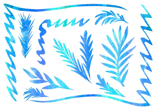 Akvarell Uppsättning av design Blommiga element för ramar i stil med linje konst på en vit bakgrund. Blå och turkos lutning färger löv — Stockfoto