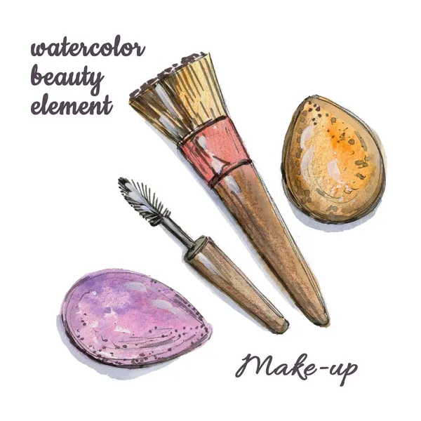 Set Aquarelle brosses de maquillage et mélangeur d'éponge sur fond blanc — Photo