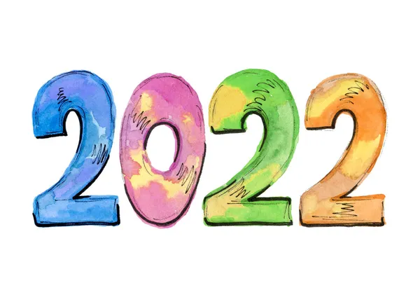 Letras aquarela 2022 número ano. Calendário multicolorido. cor azul, verde, laranja, vermelha e rosa — Fotografia de Stock