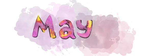 Multicolor Acuarela primavera mes letras mayo en blot. Color rosa y amarillo —  Fotos de Stock