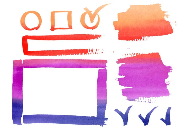 Watercolor Frames desenho à mão livre linhas horizontais texturizadas. Definir laranja, vermelho e violeta elementos de quadro no branco. Infográfico, Catálogo, fundo. — Fotografia de Stock