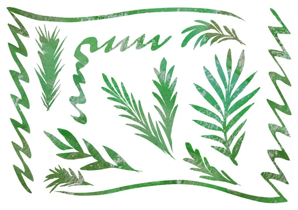 Akvarell Uppsättning av design Blommiga element för ramar i stil med linje konst på en vit bakgrund. Grön lutning färger löv — Stockfoto