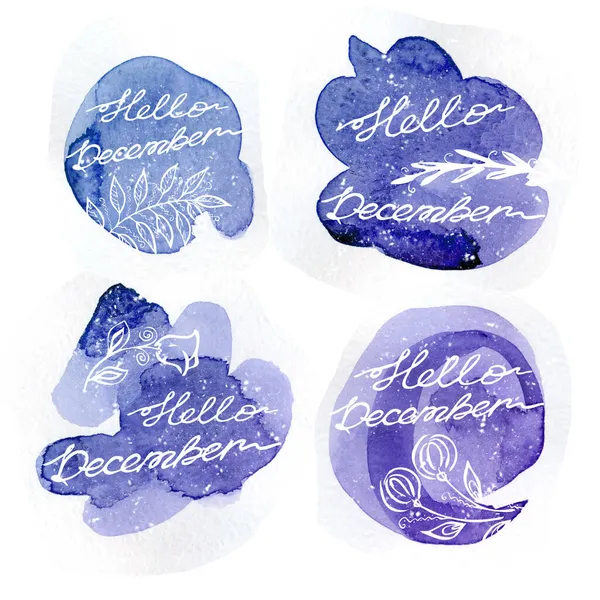 Set kézzel rajzolt egy vonal felirat téli mondat fehér háttér. hello December - szöveg Watercolor ibolya és kék kör foltok — Stock Fotó