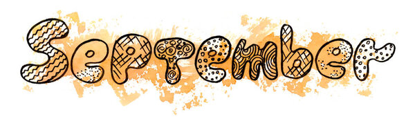 Black Line art autumn month lettering September on Watercolor orange blot