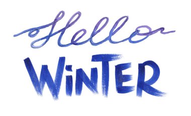 El çizimi kış tabiri. Merhaba kış - beyaz arka planda metin. mavi satır sanatı bir satır yazı ve suluboya betiği