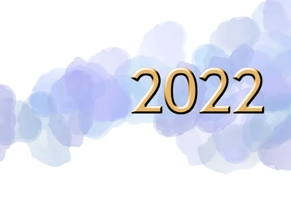 Gold lettering 2022 number year on Watercolor violet blob and splash elements on white bacground — Stock Photo, Image
