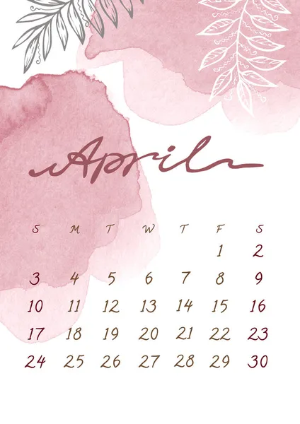 Watercolor April month Calendar template for 2022 year.周开始周日。粉红色水花和叶子 — 图库照片