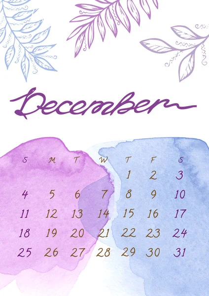 Υδατογραφία Χειμώνας Δεκέμβριος μήνα πρότυπο Ημερολόγιο για 2022 έτος. Η εβδομάδα αρχίζει την Κυριακή. Μωβ και μπλε Splash και φύλλα — Φωτογραφία Αρχείου