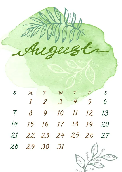 Acuarela Agosto mes Plantilla de calendario para 2022 año sobre fondo blanco. La semana empieza el domingo. Salpicadura verde y hoja —  Fotos de Stock