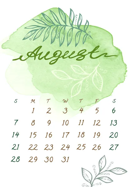 Aquarelle Août mois Modèle de calendrier pour 2022 année sur fond blanc. La semaine commence dimanche. éclaboussures et feuilles vertes — Photo