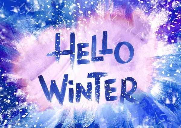 Рука намальована зимова фраза на фоні різнокольорового тла. Привіт Зима текст на Акварелі синій, фіолетовий і фіолетовий кольори і сніг. Барвистий фон — стокове фото