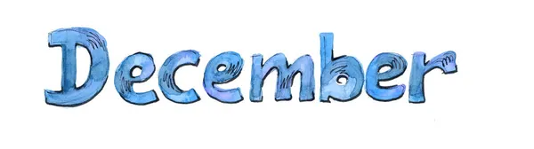 Meerkleurige aquarelbelettering december. Blauwe kleur — Stockfoto