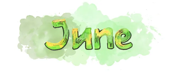Πολύχρωμη υδατογραφία γράμματα Ιούνιος για κηλίδα. Πράσινο και κίτρινο χρώμα — Φωτογραφία Αρχείου