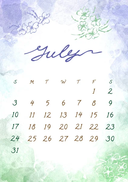Akvarell juli månad Kalender mall för 2022 år. Veckan börjar söndag. Grön och violett Splask och blomma — Stockfoto