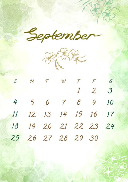 Akvarell Höst September månad Kalender mall för 2022 år. Veckan börjar söndag. Grön gradient färgglada stänk och blomma på vit bakgrund — Stockfoto