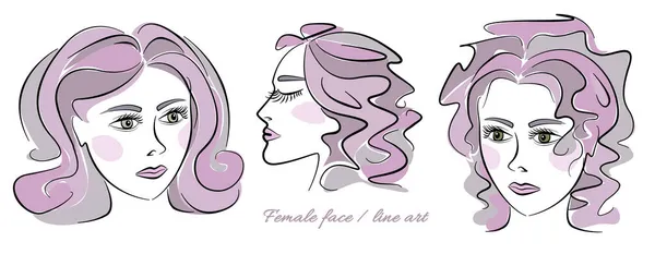 Definir rosto de mulheres bonitas. Arte de linha ilustração de moda multicolor no fundo branco. Cores rosa e cinza — Fotografia de Stock