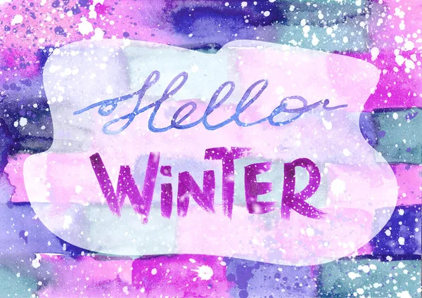 Hello Winter - Watercolor line art text in frame on brick wall Backdrop. 보라색 눈 과 보라색 눈 위에 겨울 문구를 한 줄로 그린 손 — 스톡 사진